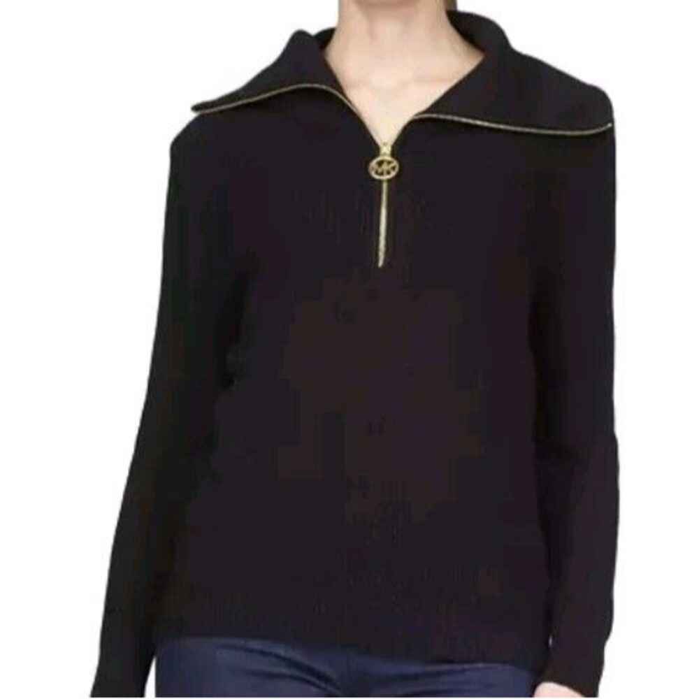 Michael Kors Black Rib Knit 1/4 Zip Sweater Womens Petite Medium PM Cowl Neck